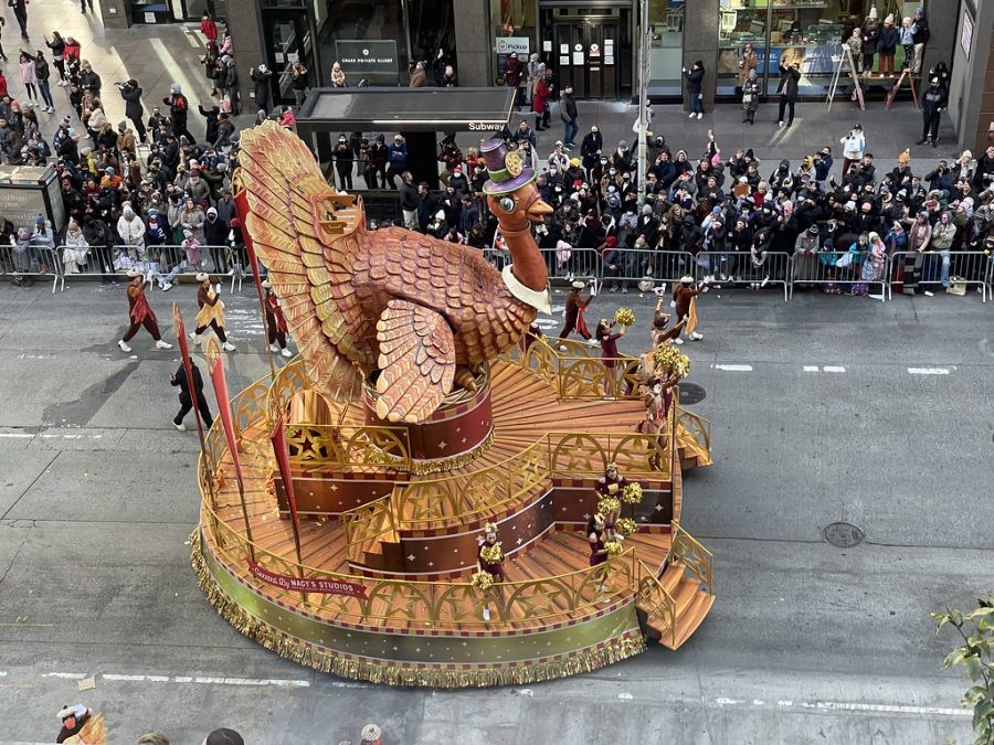 The parades unofficial mascot, Tom Turkey is featured on a float.