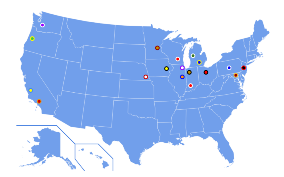 An original photo, made by Ella Flynn, showing the locations of each BIG 10 schools.