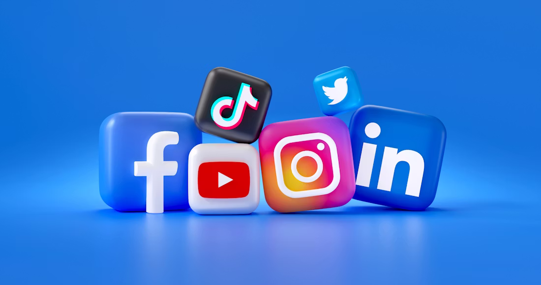 Social Media Logos in 3D. Facebook, Instagram, Twitter, TikTok, YouTube, LinkedIn. Created by Mariia Shalabaieva. Posted May 10, 2023 on Unsplash.com. Free to use under the Unsplash License.