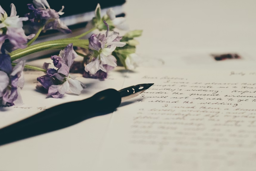 Fountain pen resting on paper beside lilac flowers. Taken by Debby Hudson and uploaded to Unsplash on June 17, 2018. Free to use under the Unsplash License.